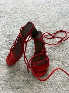 Alohas Goldie Red Lace-Up Suede Block Heel Sandals - Women